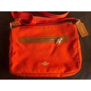 Coach Orange Nylon Crossbody Bag Brown Leather Trim Gold Hardware Messenger